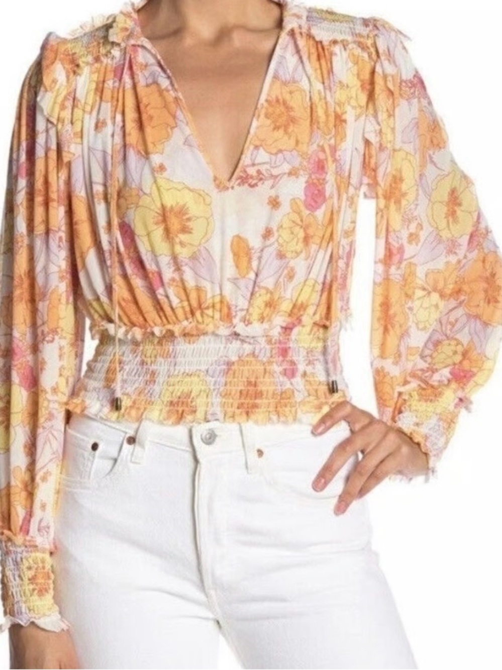 Free People Yellow Pink Floral Smocked V-Neck Blouse